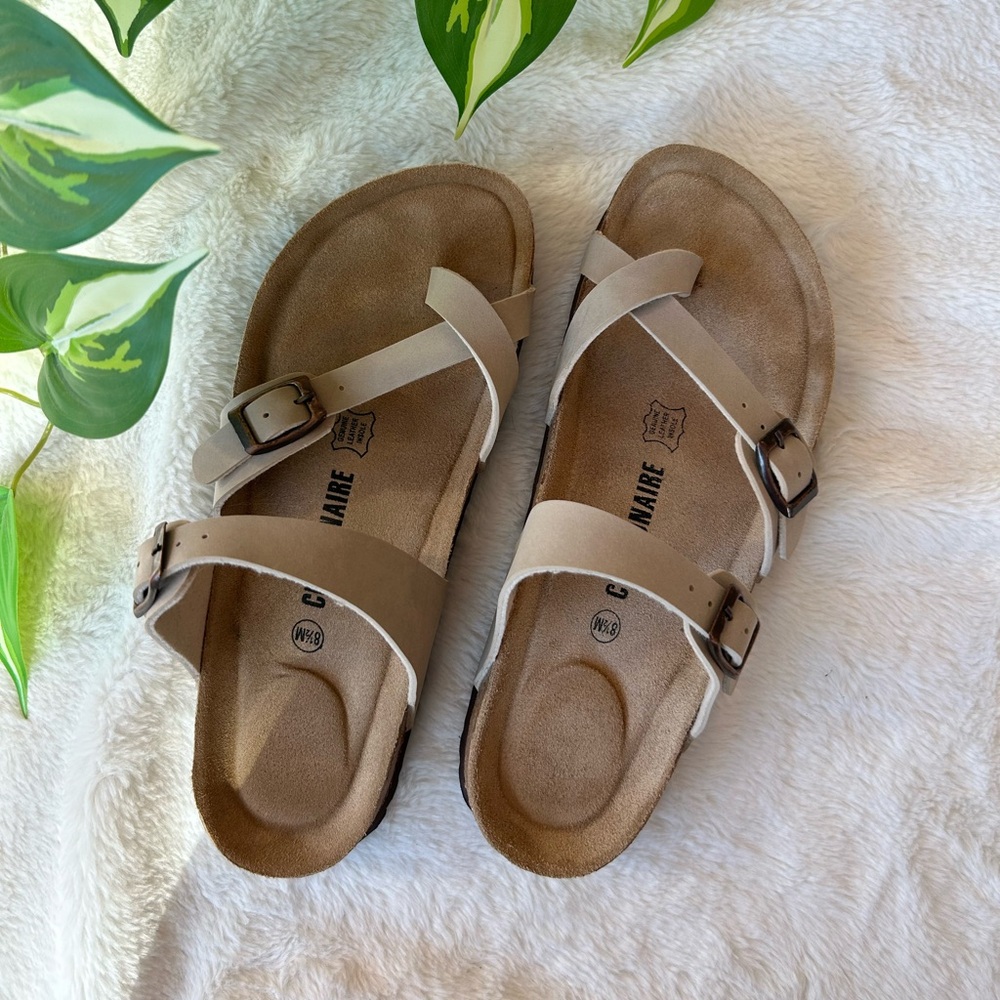 NWOT Cork footbed sandal with stone leather straps, brass buckles